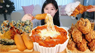 ASMR MUKBANG| 엽기 로제 떡볶이 후라이드 치킨 핫도그 주먹밥 먹방 & 레시피 FRIED CHICKEN AND Tteokbokki EATING