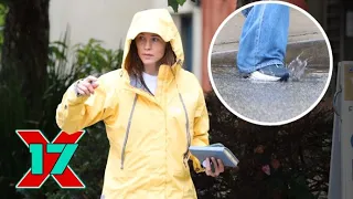 Jennifer Garner Braves the Rain in Yellow Raincoat While Dodging Puddles