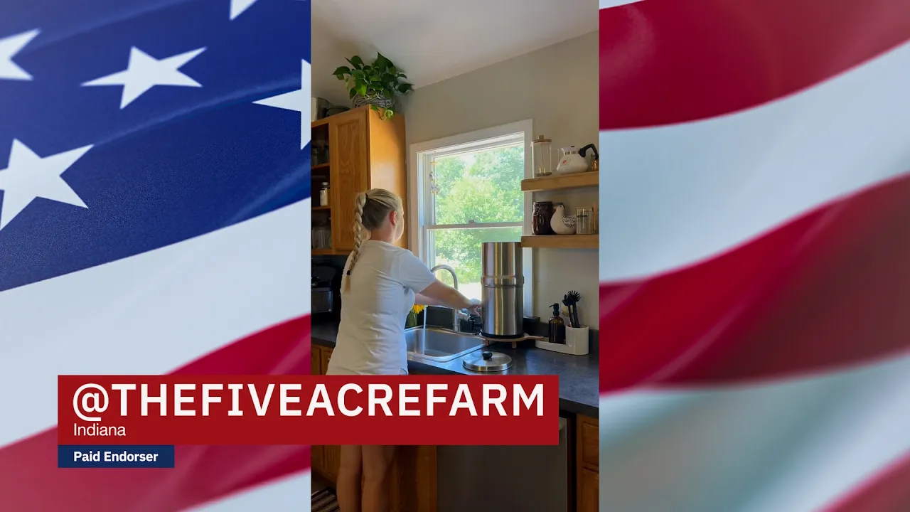 Video thumbnail showing Kelsey S. giving a review of the Patriot Pure water filter, highlighting clean water benefits during emergencies.