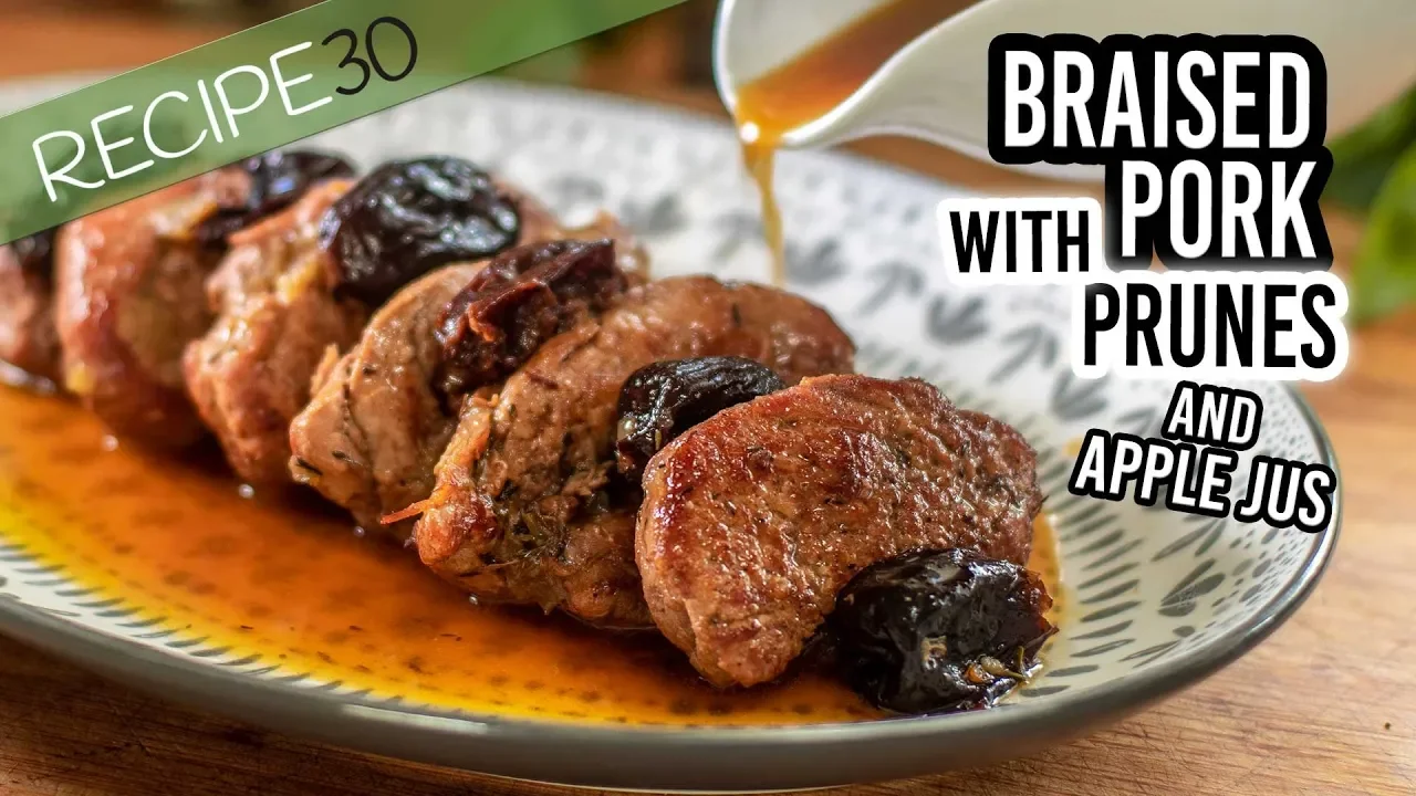 Rustic Braised Pork Tenderloin with Prunes and Apple Jus