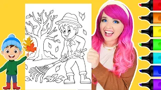 Coloring a Boy Raking Autumn Leaves Thanksgiving Fall Coloring Page Ohuhu Art Markers