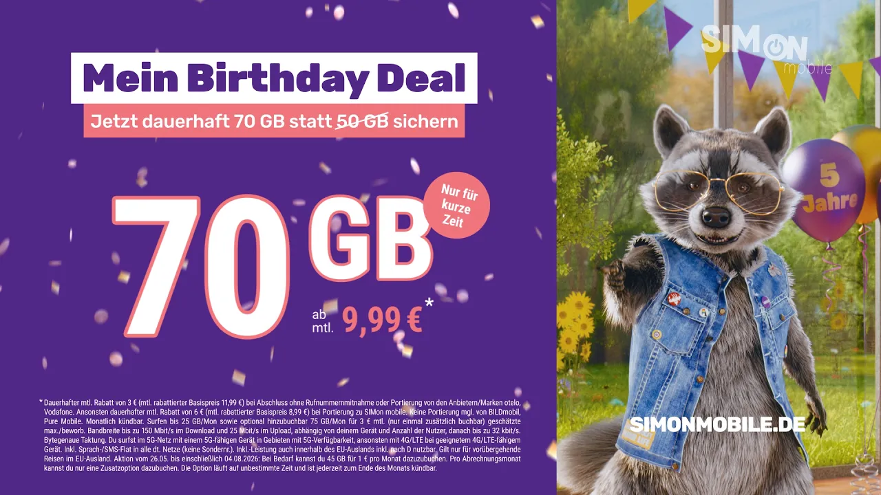 SIMon mobile — Simon Mobile — Mein Birthday Deal: 70 GB for €9.99 (YouTube video ad)