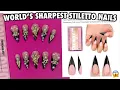 Trying NOVO OVO S NEW Medium Long Sharp Stiletto Black Pre French Tip Nails Gold Bling Nails
