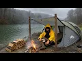 Winter Hot Tent Camping in Rain Survival in the Wild Bushcraft Skills