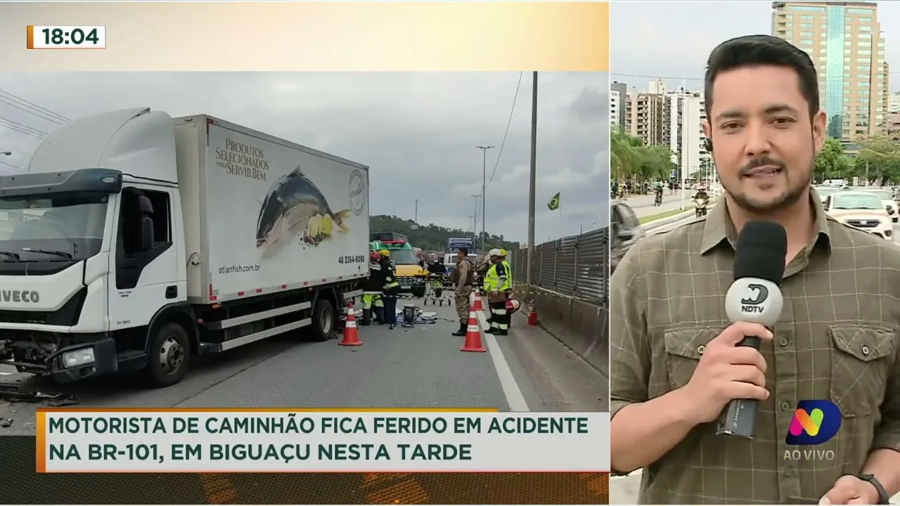 Motorista de caminhão fica ferido após acidente na BR-101 em Biguaçu