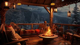 Winter Cozy Porch In Mountains With Peaceful Piano Music Bonfire Snow Falling Blizzard Sounds 