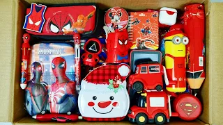 ultimate spiderman toy collection, unboxing collection of pencil case, unicorn pen, die cast cars