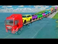 Download Lagu Triple Flatbed Trailer McQueen Transportation with Truck - Speedbumps vs Cars vs Train - BeamNG #216