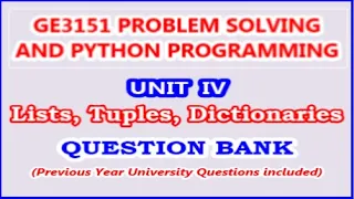 GE3151 Problem Solving and Python Programming Unit IV Lists Tuples Dictionaries Question Bank
