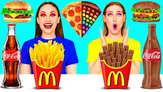 الغذاء الحقيقي مقابل الغذاء الشوكولاته التحدي تناول الحلويات فقط لـ 24 ساعة KaZaZa Challenge 