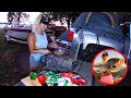 Truck Camping at a Giant Spillway Full of BIG Fish on the SURFACE Fresh Cooked meal