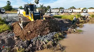 EPIC !! WOW START: Huge Soil Water Lake Deleteing, Team Dump Trucks & Dozer Shantui Push Landfilling