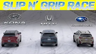 awd cuv snow battle subaru crosstrek e boxer vs honda hr v awd vs hyundai kona nline race 