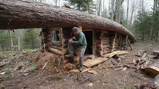 Man Builds Log Shelters Under Fallen Trees For Winter Survival Start To Finish By BudaBushcraft 