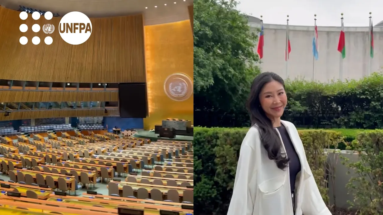  UNFPA Indonesia Champion Ayu Saraswati is standing in front of the UN headquarters in New York city.