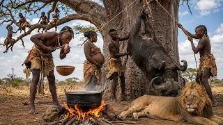 Hadzabe Hunters Bring Down a Giant Buffalo | Traditional Cooking 🍖🔥