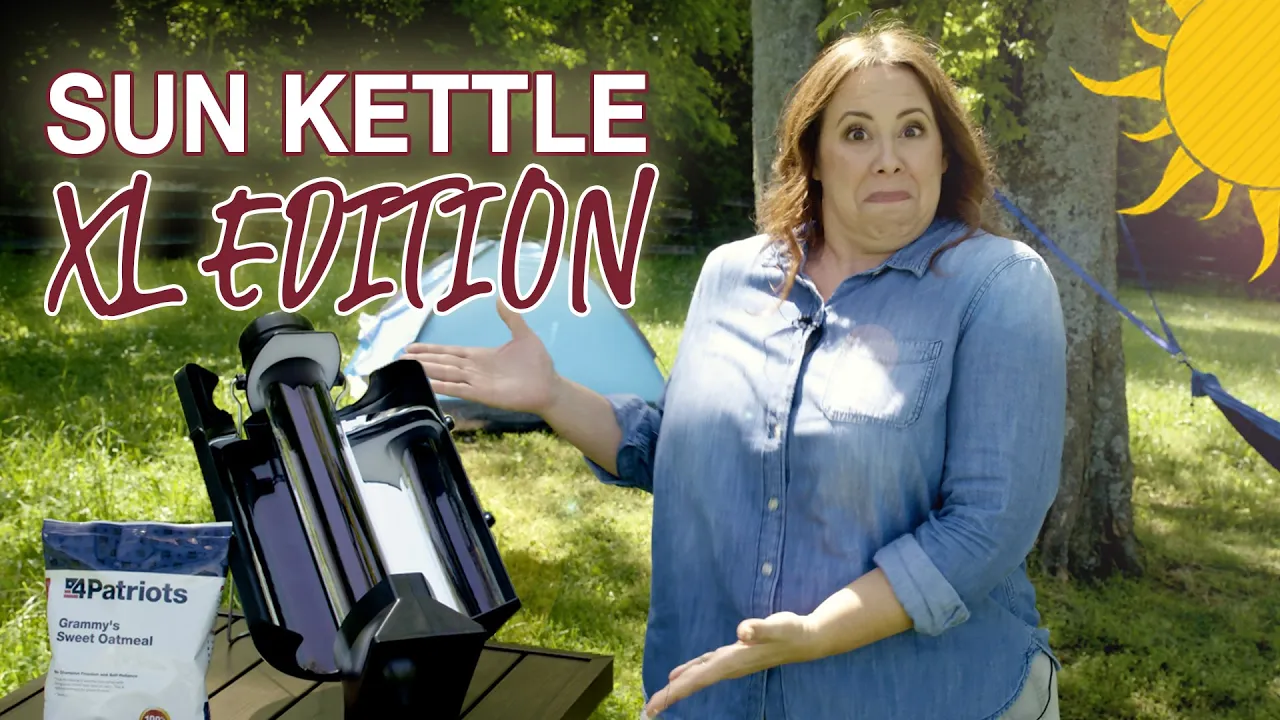 Woman outdoors presenting the 4Patriots Sun Kettle XL Edition solar water heater next to a pouch of emergency oatmeal, ideal for off-grid cooking and survival prep.