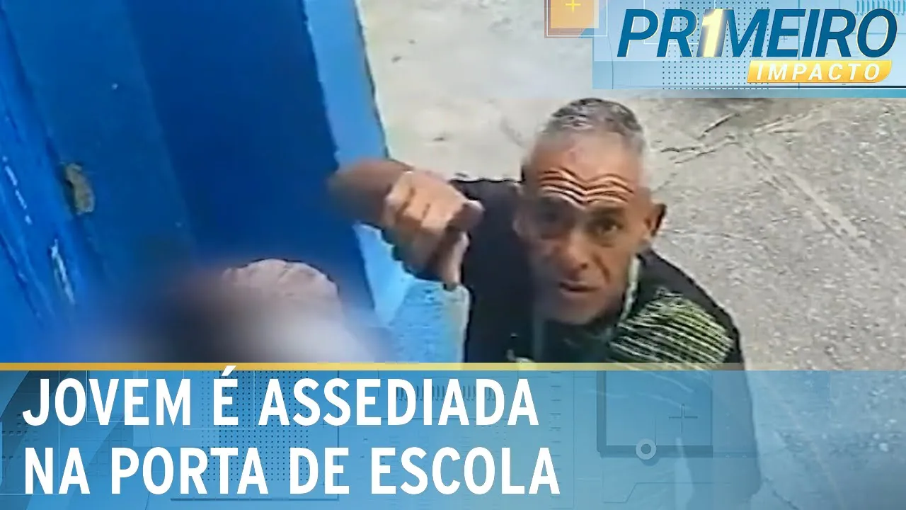 Homem é flagrado assediando adolescente em porta de escola | Primeiro Impacto (10/11/23)