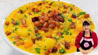 SOPA CREMOSA DE MILHO DE LATINHA COM BACON MACARRÃO E LEGUMES DE UMA PANELA SÓ! COMPLETA E DELICIOSA