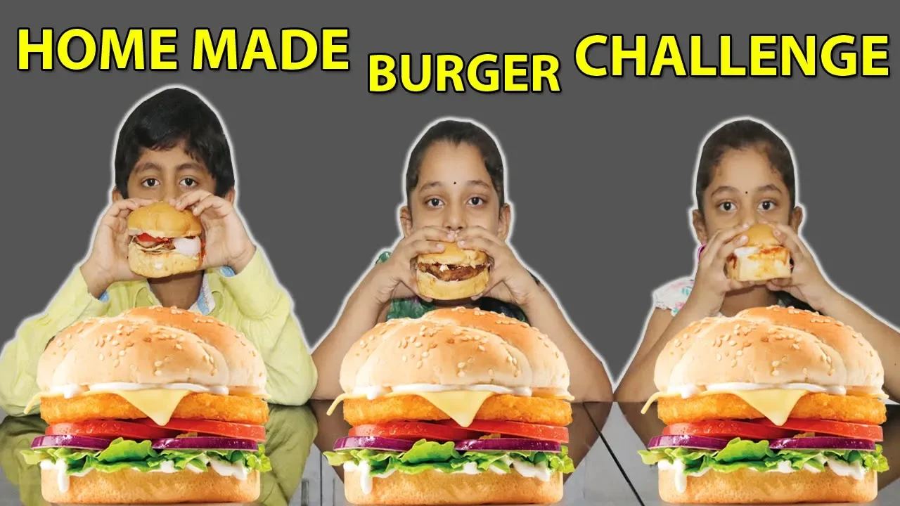 BIG BURGER EATING CHALLENGE   MAKING BURGER AND EATING COMPETITION   KIDS FOOD CHALLENGE