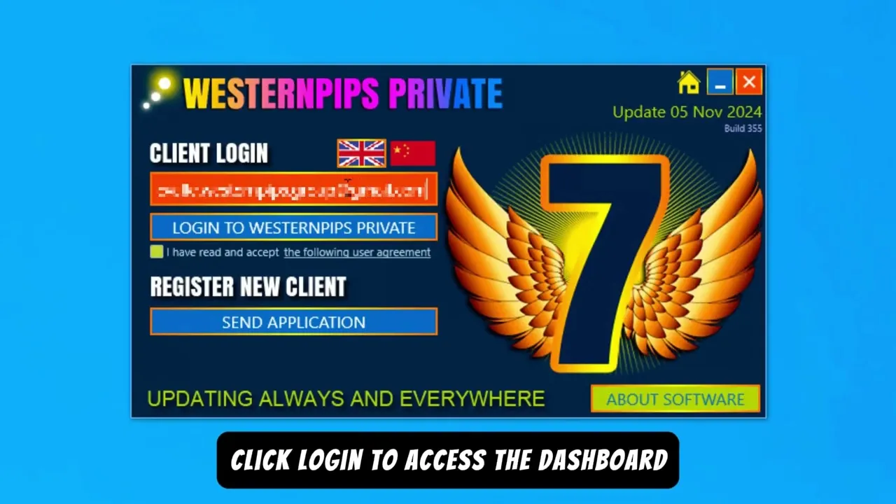 Westernpips Private 7 login and client dashboard screen from the installation video