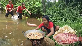 Catch big fish at waterfall for foot of survival, Fish tasty braised with mushroom for lunch