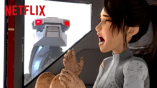 killer robot chase in the arctic biome jurassic world camp cretaceous netflix family