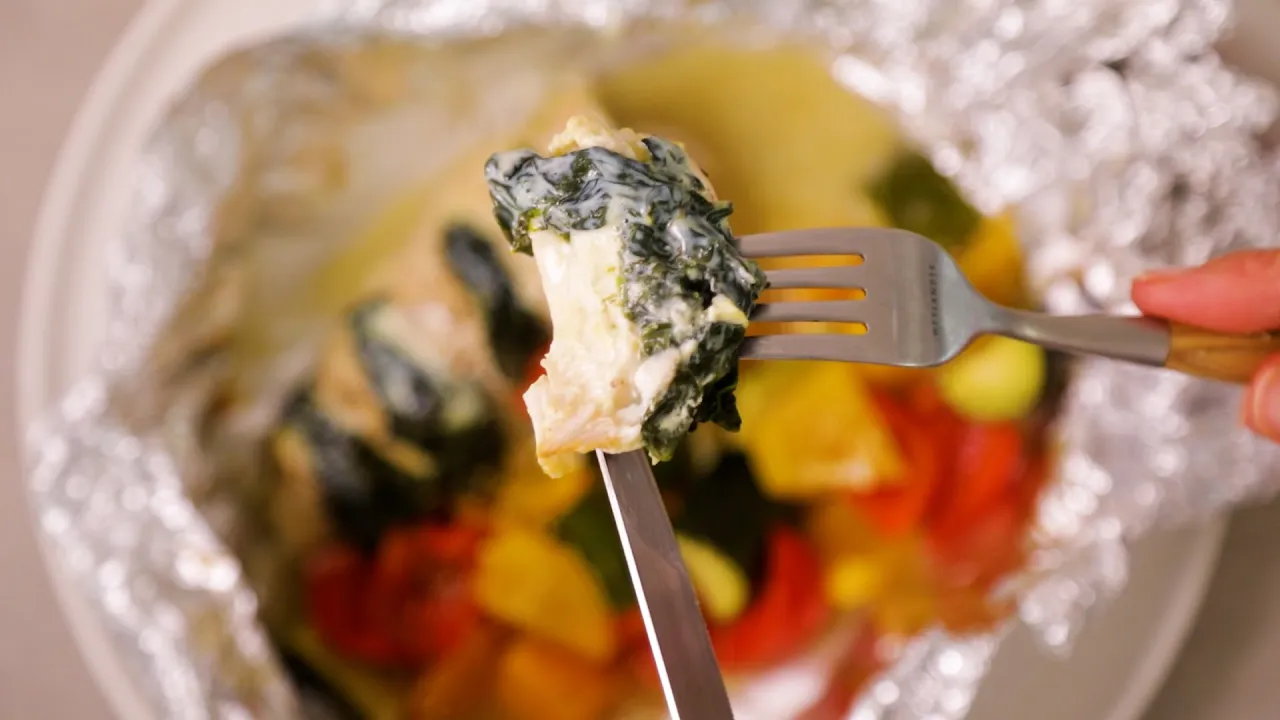 Creamed Spinach Foil-Pack Chicken (with only 5 ingredients!)