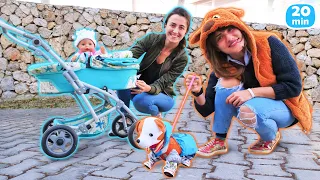 Sevcan ve Ümit, oyuncak bebekleri ve köpekleri Köpüş ile keyifli bir yürüyüşe çıkıyor | Çocuk oyunu