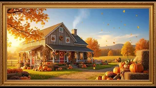 Frame TV Art With Music Vibrant Autumn Farmhouse Sunlit Home Surrounded By A Massive Pumpkin 