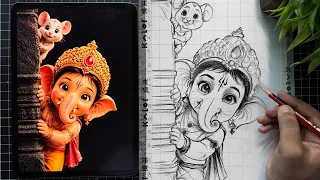 Cute Ganesh ji Drawing,  Ganesha Drawing,  Outline Tutorial 😍
