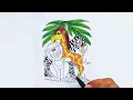 Zoo animals like Zebra lion Giraffes and tress easy coloring pages for kids