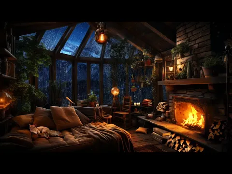 Download MP3 Thunderstorm with Lightning, Rain, Crackling Fireplace \u0026 Sleeping Cats in a Cozy Cabin