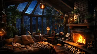 Thunderstorm With Lightning Rain Crackling Fireplace Sleeping Cats In A Cozy Cabin 