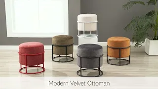 Ophelia Velvet Round Ottoman w Metallic Gunmetal Frame Padburry Dark Gray