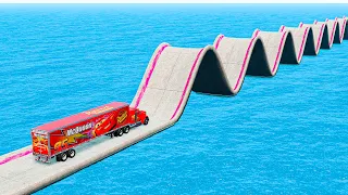 Mack Truck vs Impossible Wave Bridge Crossing Cars Vs Deep Water - BeamNG.Drive