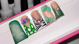 WATCH ME WORK/ GREEN GODDESS nail tutorial ( water drop nails, 3d flowers, animal print nails)