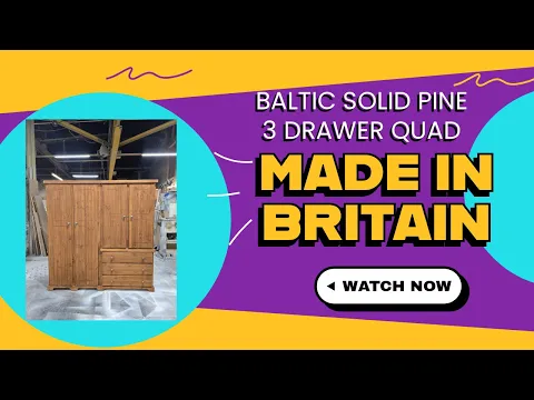 Product video preview for Handmade in the UK Solid Pine 4 Door 3 Drawer 180cm Wide Wardrobe - Baltic Light Oak Wax (Made to Measure)
