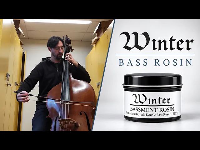 Winter Bass Rosin demo video thumbnail showing a bassist playing and the Winter rosin tin