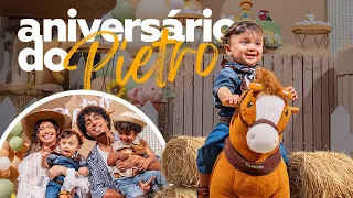 1 ANINHO DO PIETRO: tema de fazendinha, festinha feita por nós em casa, abrindo presentes e mais