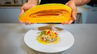 Le ceviche fait avec un fruit du jardin (melon Banana)