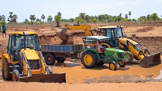 4 JCB 3DX New Pond Side Cutting and Loading and Landscap in Tractor together for New Farming Land