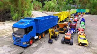 WADIDAU !!! Mobil truk tronton panjang bongkar mainan mobil mobilan, excavator, mobil monster