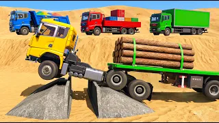 Logging Truck, Dump Truck, Container Truck and Box Truck on Sand Hill Challenge | Toy Trucks Story