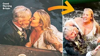 Watch the moment bride and groom fall into river while trying to balance on canoe for wedding photos