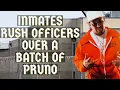 TULARE COUNTY JAIL INMATES RUSH OFFICERS OVER A BATCH OF PRUNO THROWN OVER THE TIER