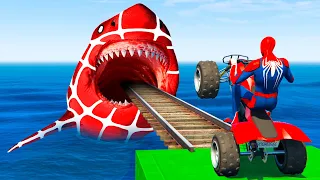 Download GTA 5 Crazy Ragdolls | Spiderman by Quad Bike On Rainbow Spiders Bridge (Spider Shark Jumps) MP3