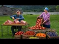 Sun-Drying Fresh Mountain Fruits Cooking Traditional Grape Leaf Dolma in a Faraway Village