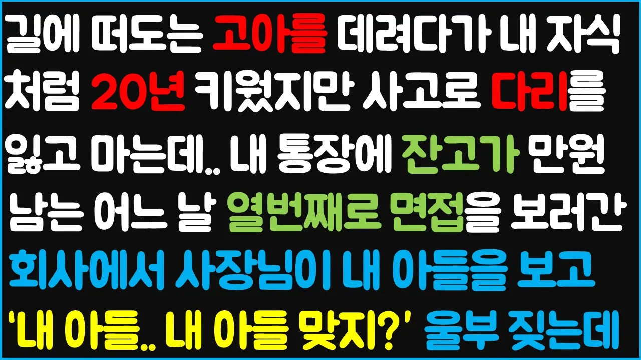 Outline Video (신청사연) 고아를 데려다가 내 자식처럼 20년 키웠지만 사고로 다리를 잃고 열번째 면접장에서 사장님이 내아들을 보고 울부짖는데 [감동사연][사이다썰][사연라디오]