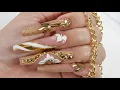 How to do extreme coffin nails with white and gold design